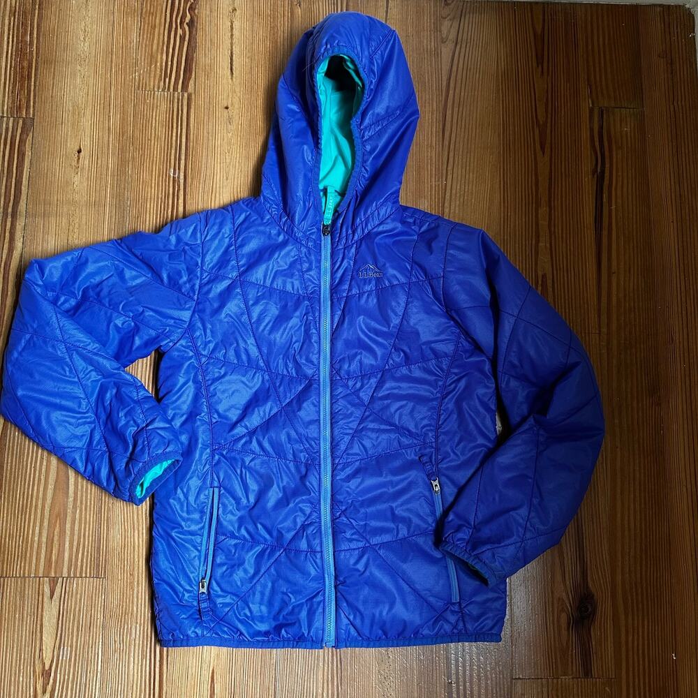 L.L. Bean Kids Blue Hooded Puffer Jacket with Teal Lining